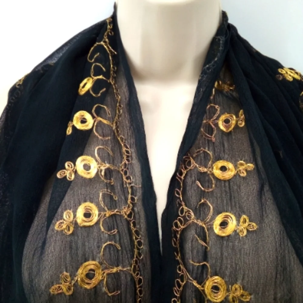 Vintage Metallic Gold Black Sheer Neck Scarf